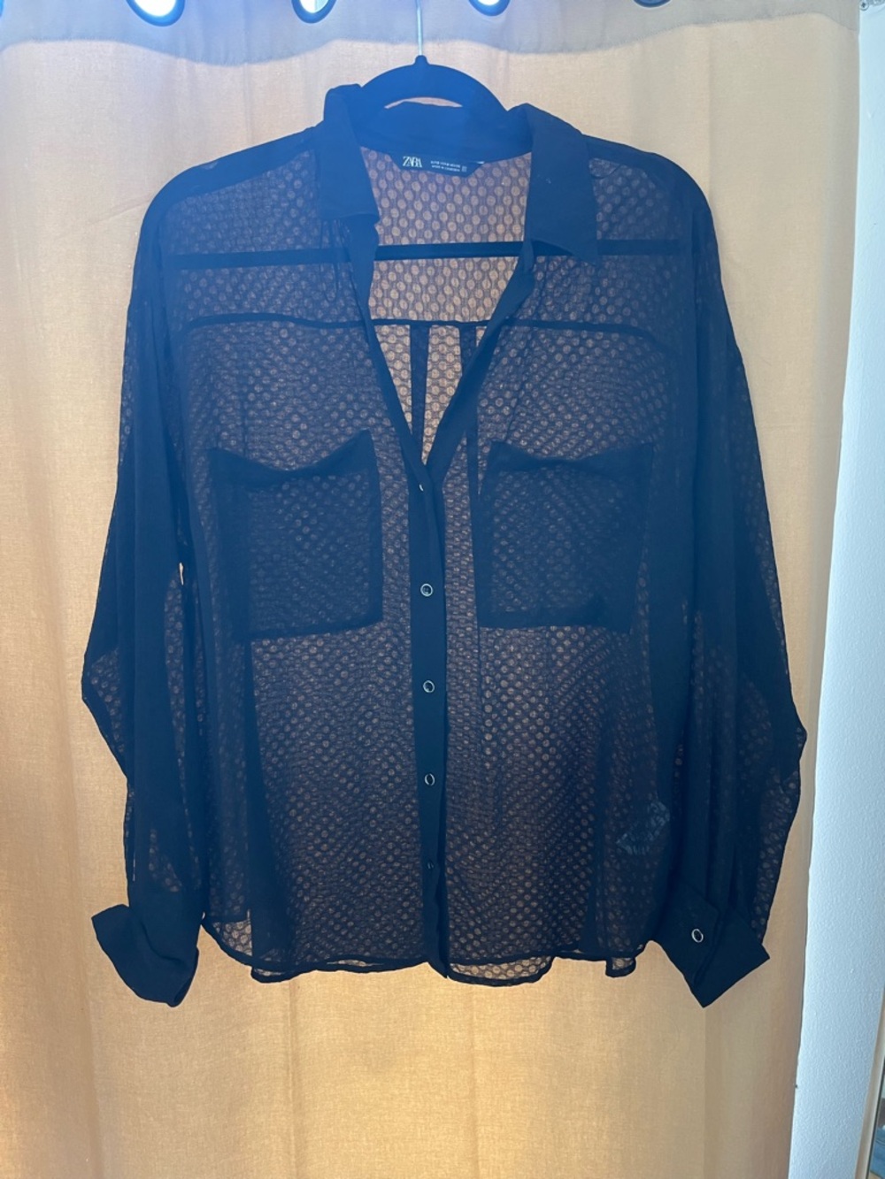 Zara Sheer Black Button Down Top